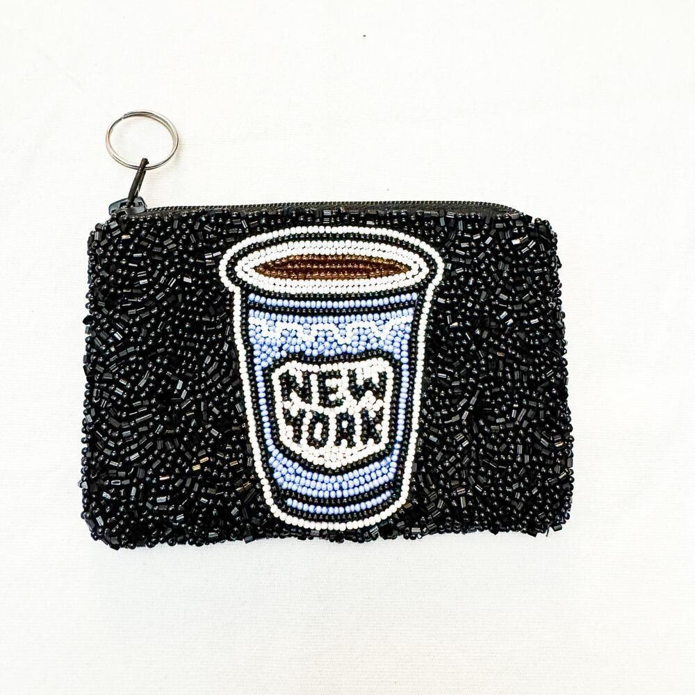 Tiana NY Style Coffee Cup Coin Purse Beaded Black Wristlet Bag